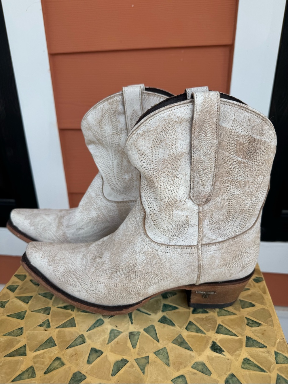 Lane Lexington Ceramic Crackle White Leather Cowboy Boots Blue Bottoms Women’s 8